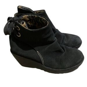 Fly London Yama Mid Wedge Black Suede Ankle Boot Shoe Womens Size EU 38 US 7.5-8